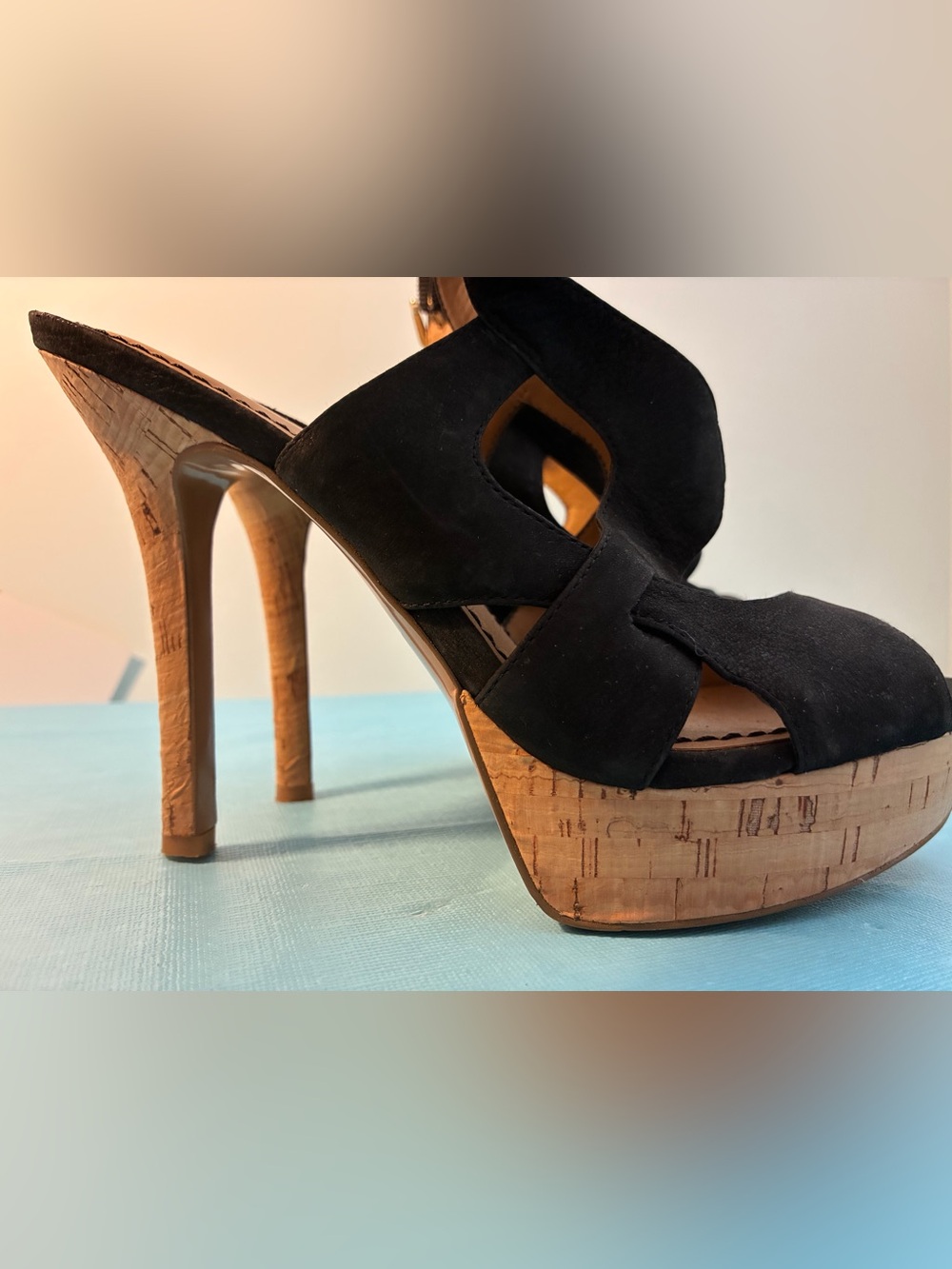 Nine West Fontina Black Suede Cork Platform High Heel Sandals Size 7.5